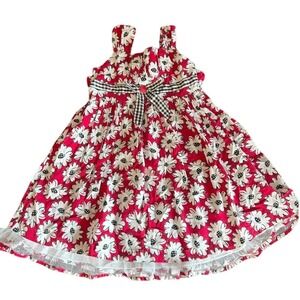 Vintage Ashley Ann Girls Size 5 Red Daisy Floral Sun Dress Gingham Bow Retro